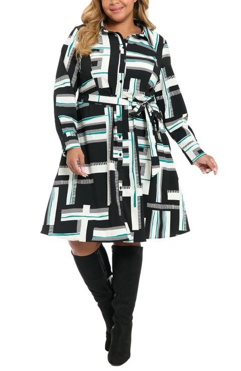Geo Print Long Sleeve Shirtdress (Plus)