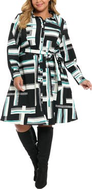London Times Geo Print Long Sleeve Shirtdress