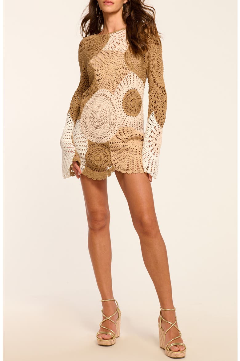 Carina Long Sleeve Cotton Crochet Minidress, Main, color, SANDSTONE MULTI COLORBLOCK