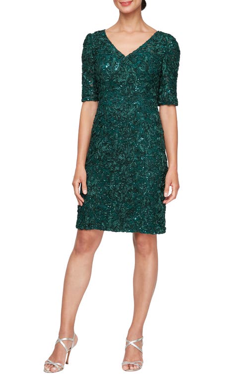 Alex Evenings Soutache V-Neck Sheath Dress in Emerald Green 