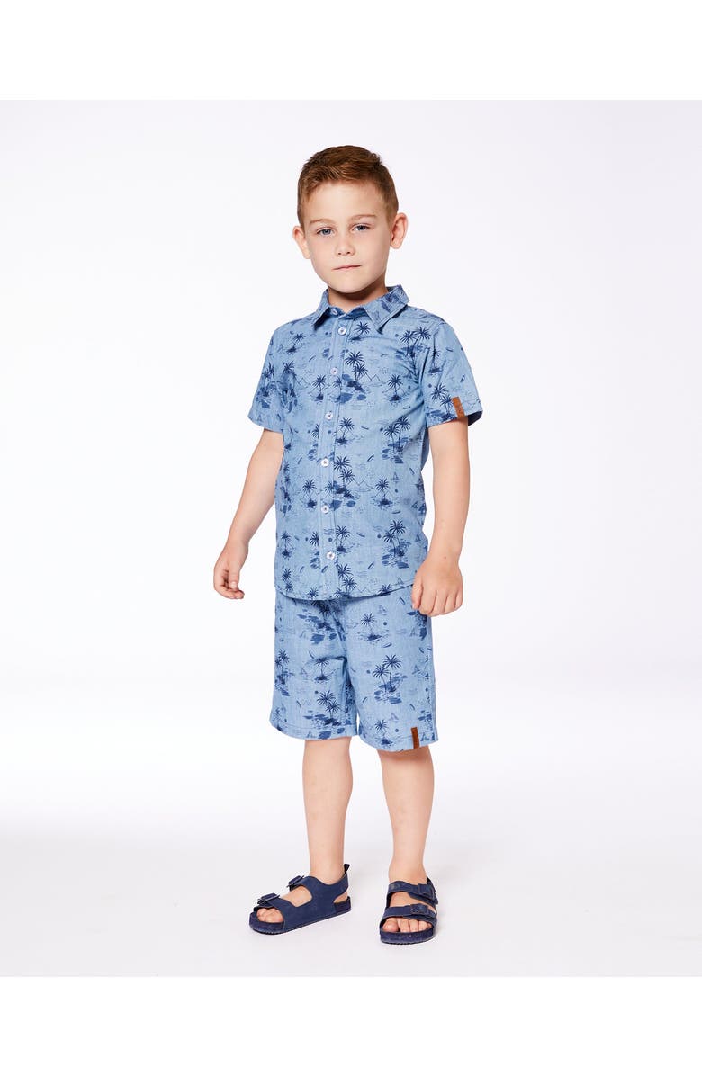 Deux par Deux Little Boy's Printed Chambray Short Sleeve Shirt Pale Blue And Navy, Alternate, color,