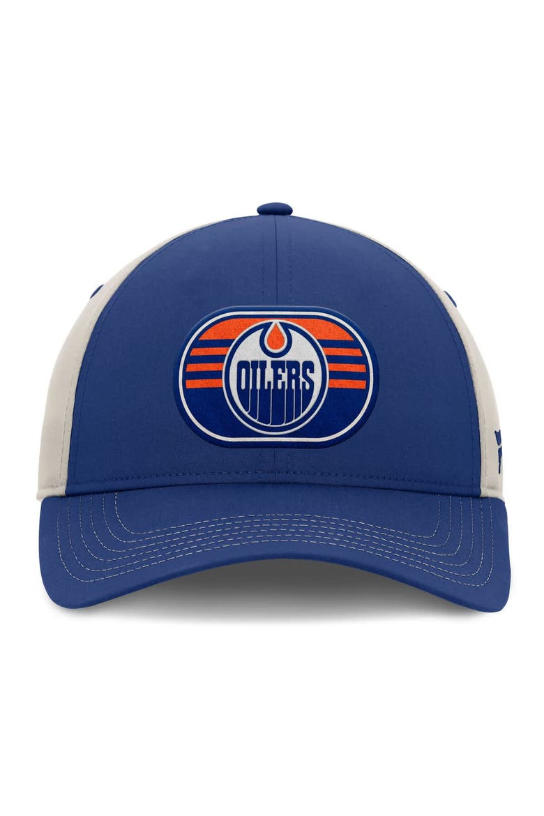 Men's  Fanatics  Royal/Gray Edmonton Oilers 2025 Stanley Cup Playoffs Locker Room Trucker Adjustable Hat, Alternate, color, Royal