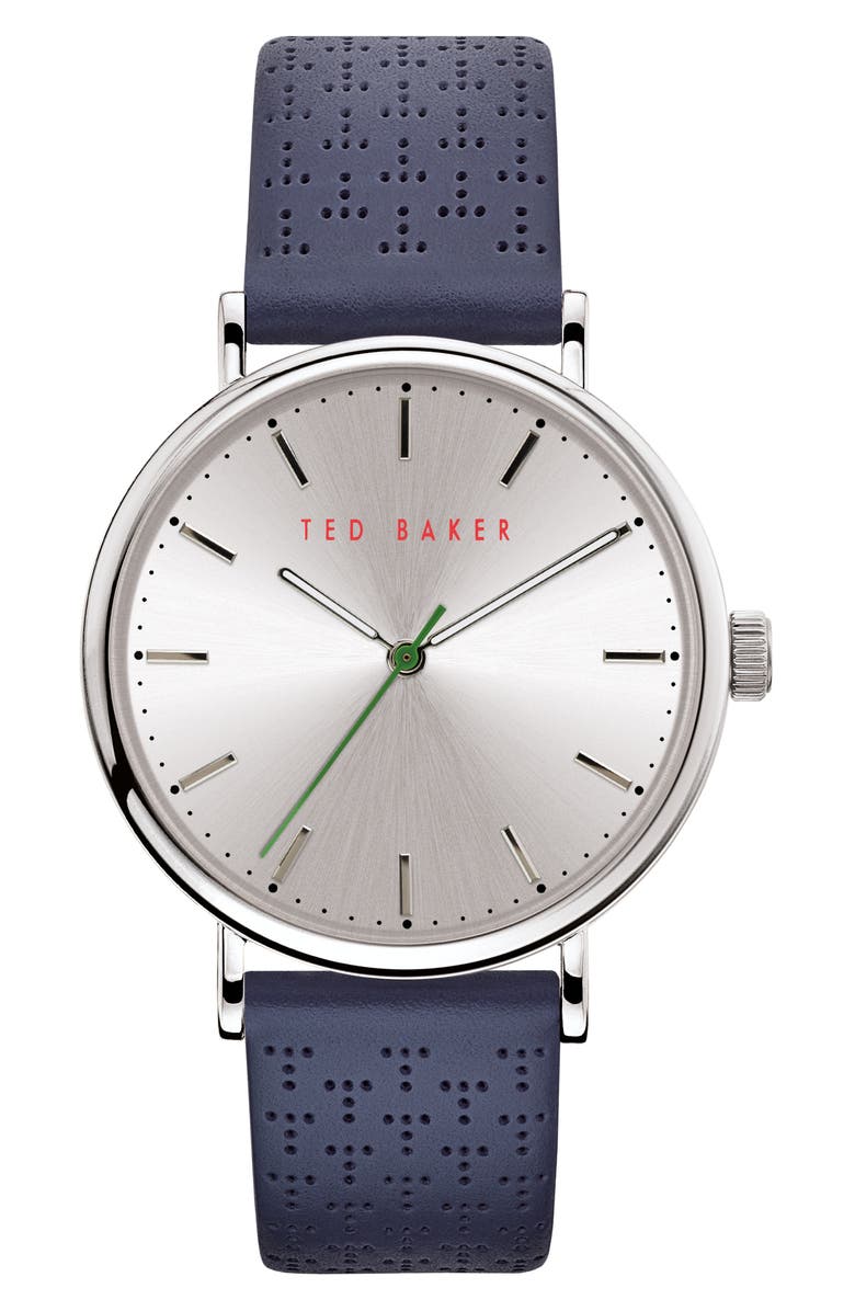 Ted Baker Three Hand Quartz Leather Strap Watch, 20mm, Main, color, Blue