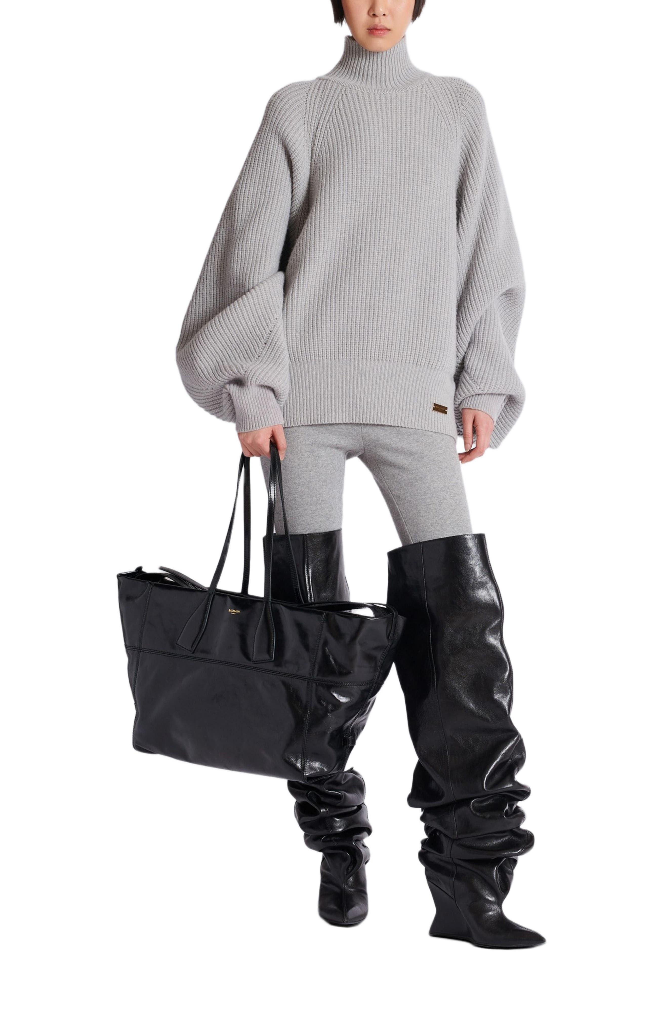 Balmain Track Zips Calfskin Tote Bag, Alternate, color, Black