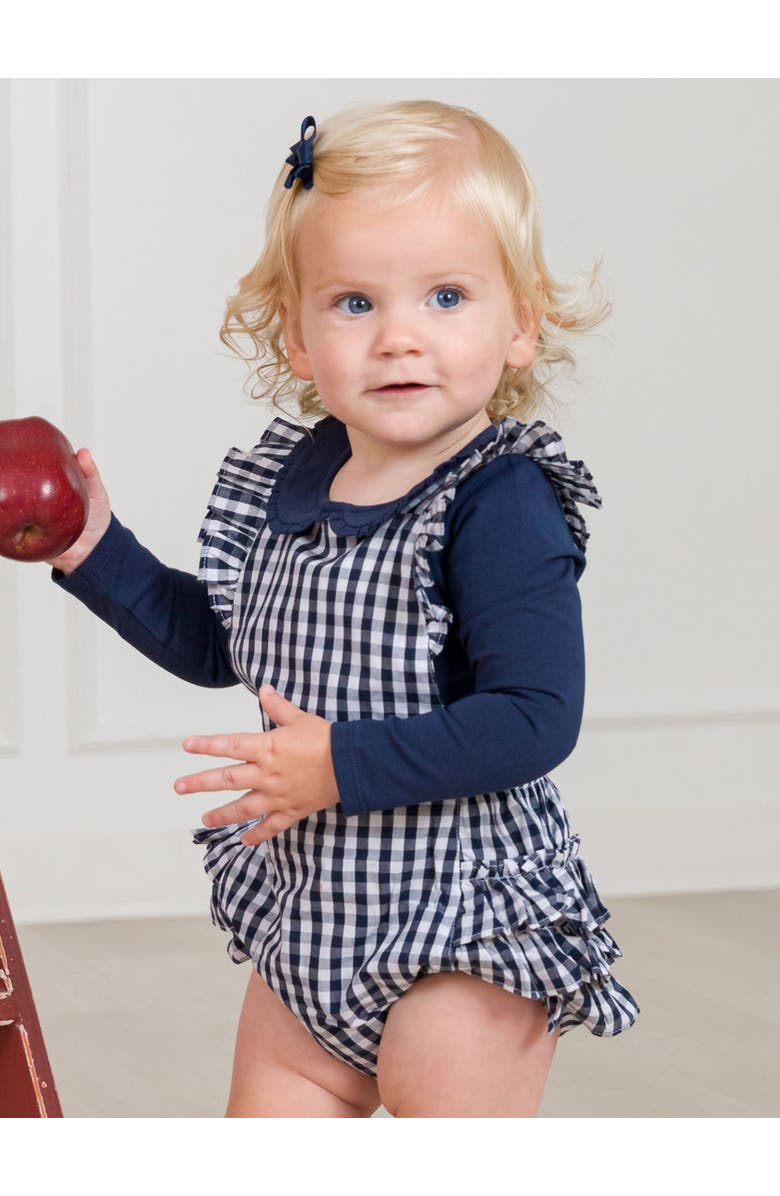 RuffleButts Flutter Overall Romper, Alternate, color, Classic Dark Navy Gingham