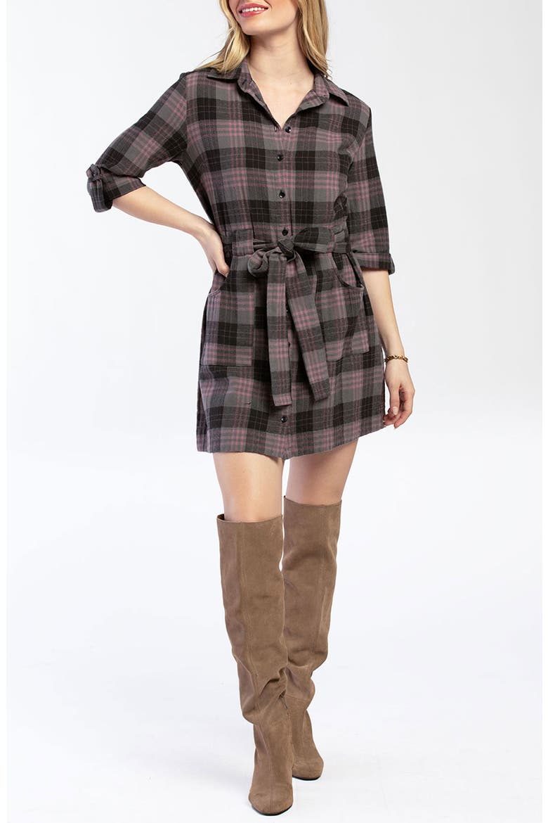 Plaid Mini Shirtdress, Main, color, GREY PINK
