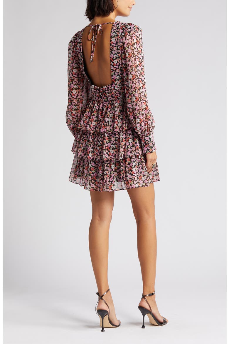 Floral Tiered Long Sleeve Minidress, Alternate, color, BLACK DITSY