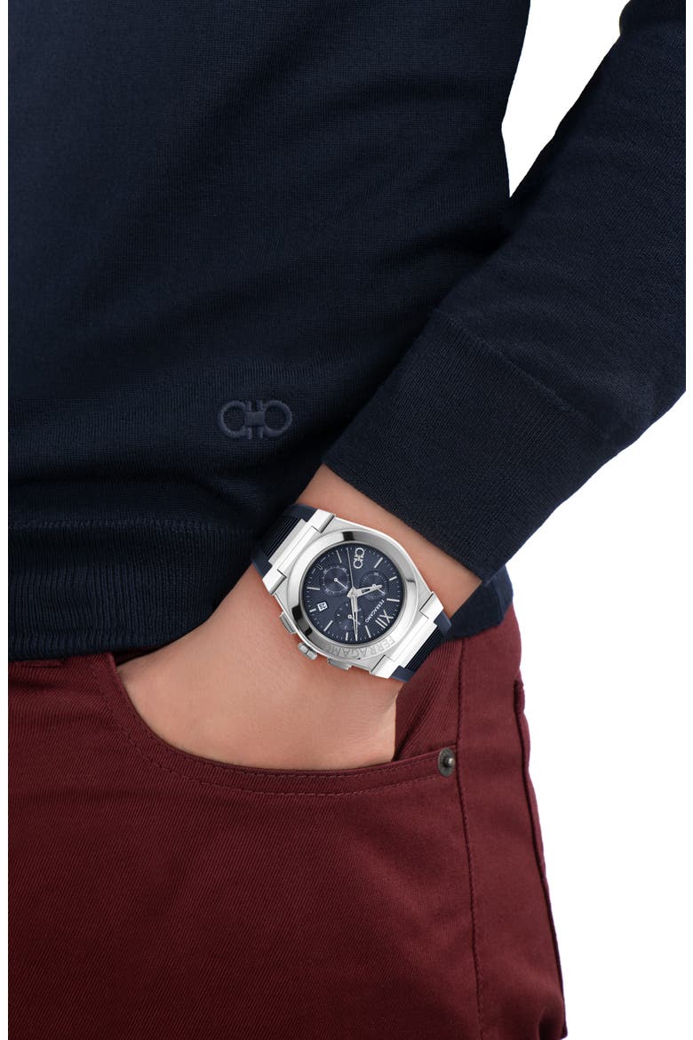 Vega Chronograph Silicone Strap Watch, 42mm, Alternate, color, STAINLESS STEEL