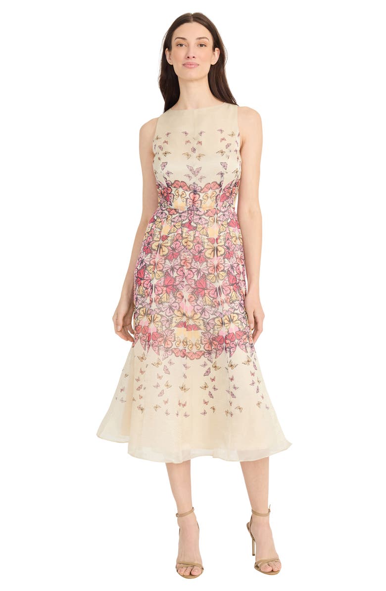 Maggy London Butterfly Print Sleeveless Midi Dress, Alternate, color, Ivory/ Pink