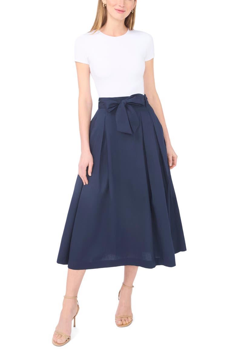 Tie Waist Pleated Cotton Midi Skirt, Alternate, color, INDIGO NIGHT