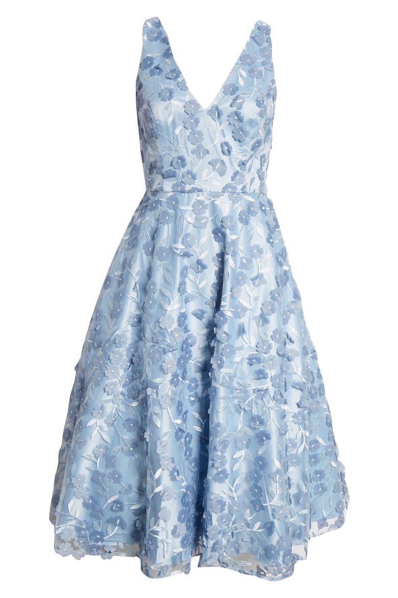 3D Appliqué Fit & Flare Cocktail Dress, Alternate, color, SKY