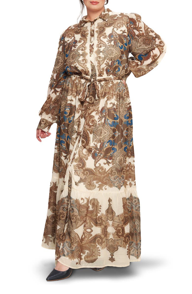 FLYING TOMATO Filigree Midi Shirtdress, Main, color, Cream Brown