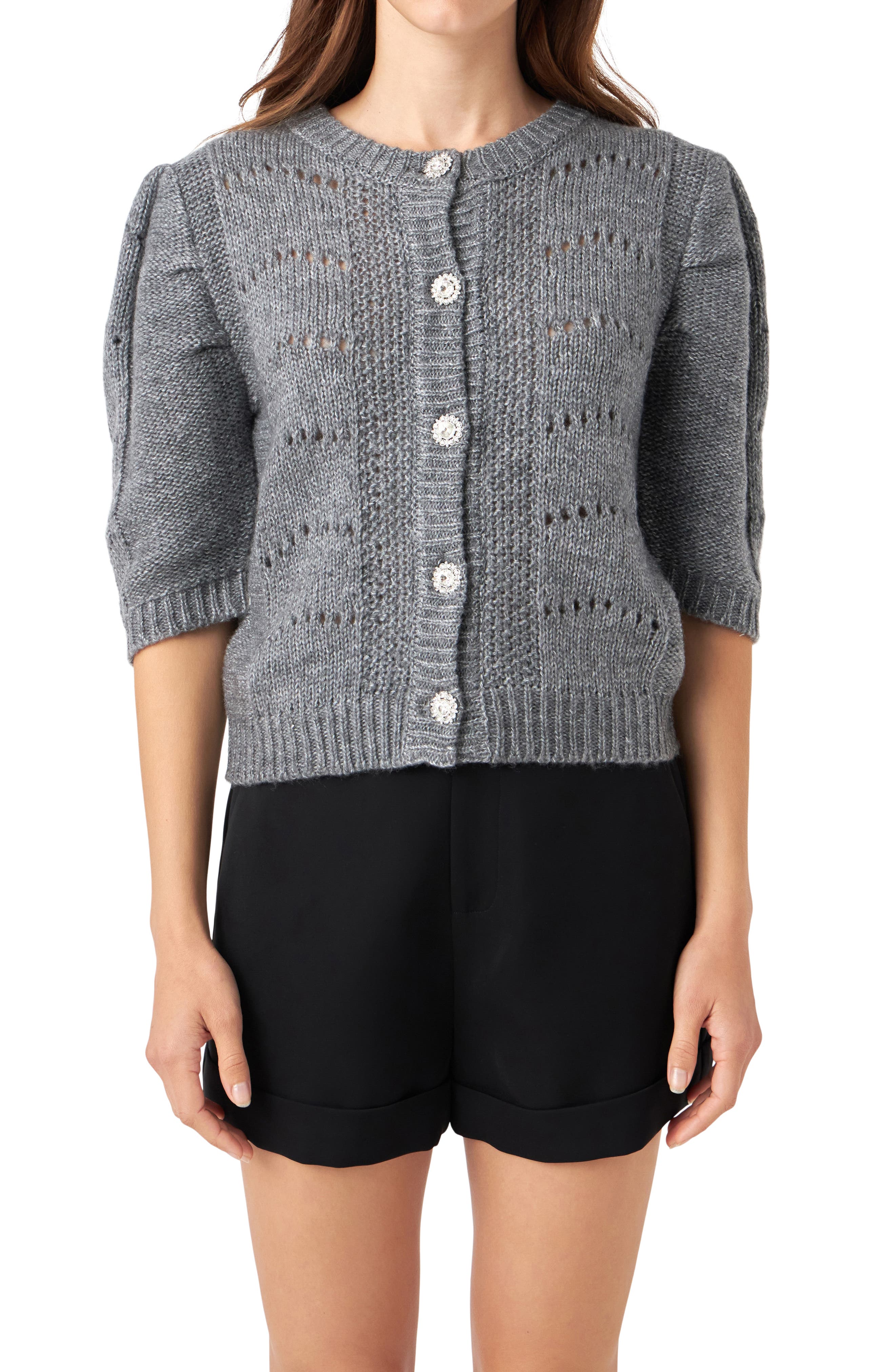 English Factory Pointelle Puff Sleeve Cardigan
