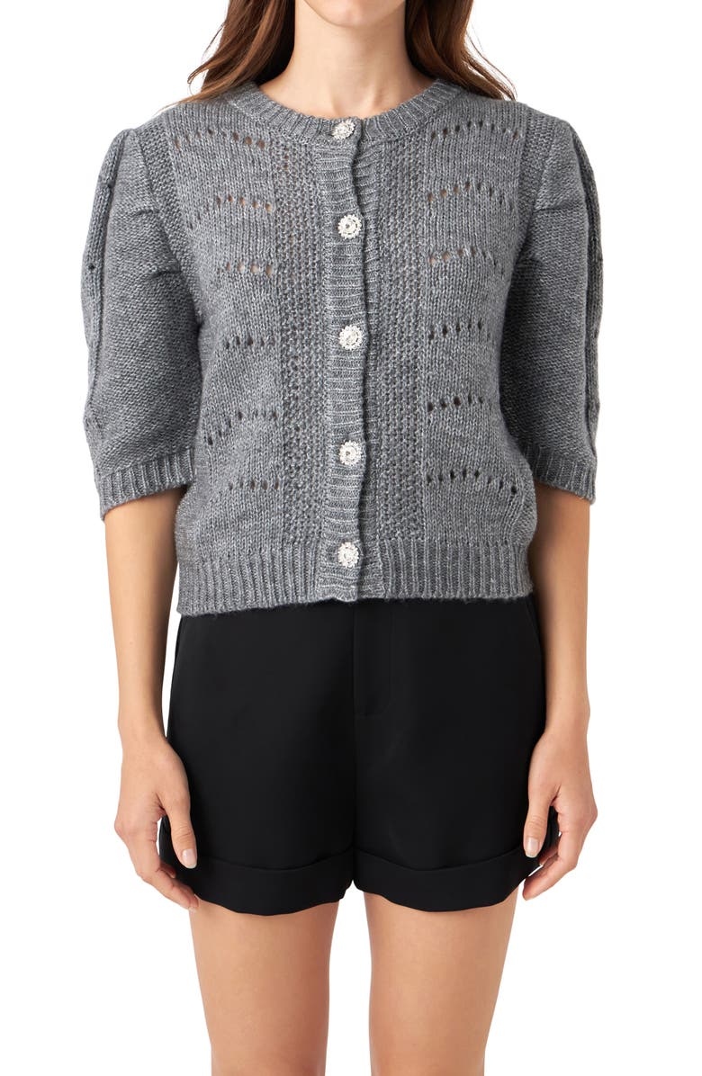 English Factory Pointelle Puff Sleeve Cardigan, Main, color,