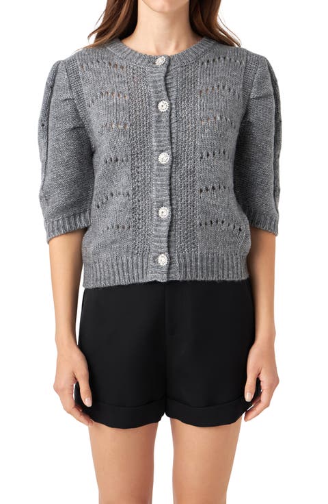 Pointelle Puff Sleeve Cardigan