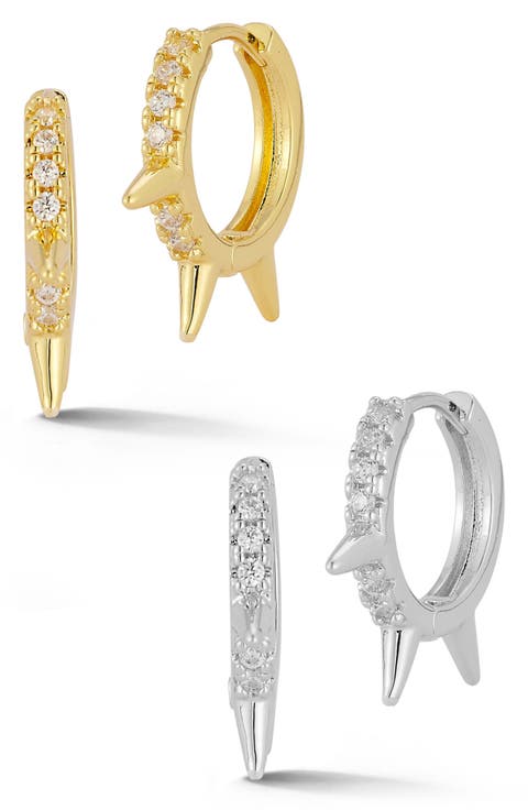 Set of 2 Pavé Spike Huggie Hoop Earrings