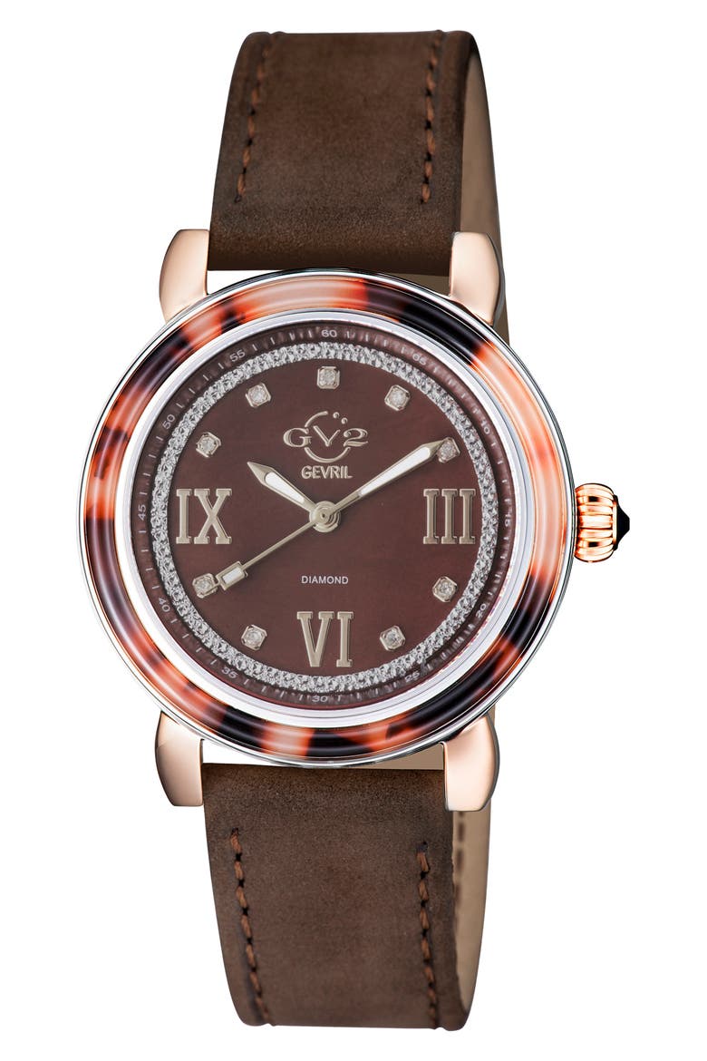 Marsala Tortoise Pattern Mother-of-Pearl Dial Diamond Suede Strap Watch, 36mm - 0.045 ctw., Main, color, BROWN