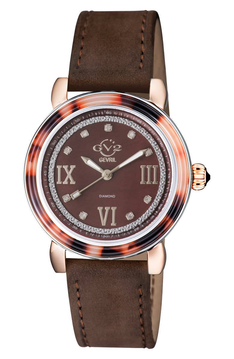 GV2 Marsala Tortoise Pattern Mother-of-Pearl Dial Diamond Suede Strap Watch, 36mm - 0.045 ctw., Main, color, Brown