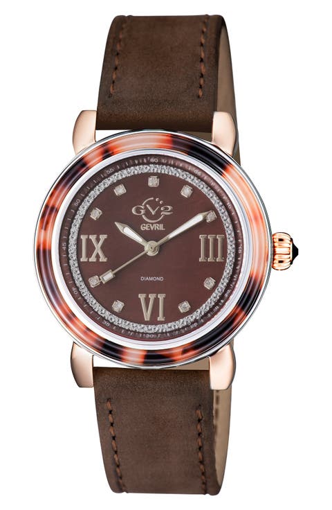 Marsala Tortoise Pattern Mother-of-Pearl Dial Diamond Suede Strap Watch, 36mm - 0.045 ctw.