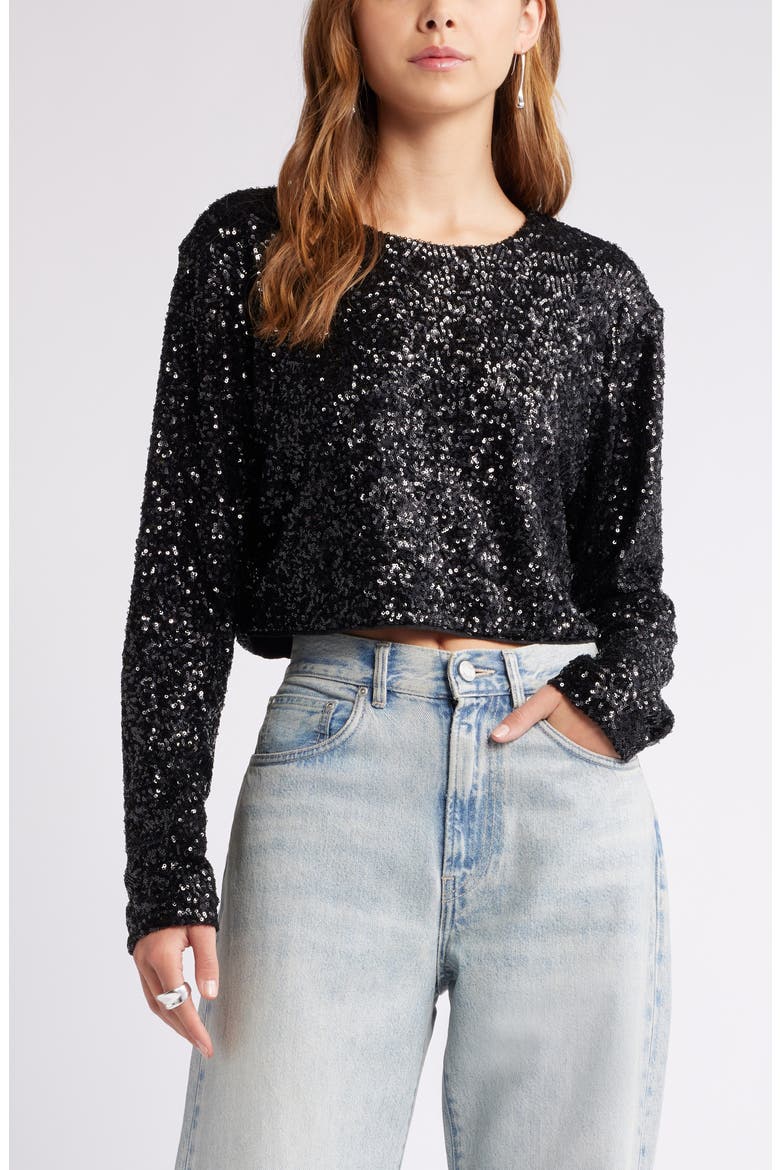 Crop Sequin Top, Main, color, BLACK
