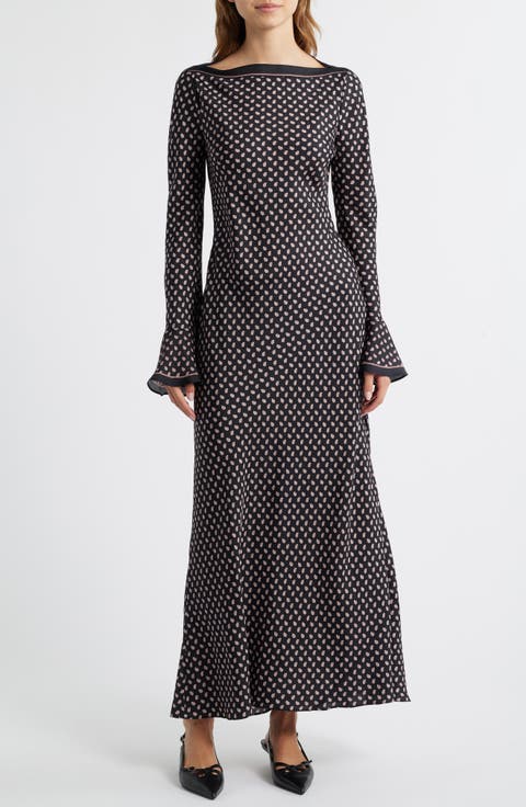 Daniva Long Sleeve Silk Blend Satin Maxi Dress