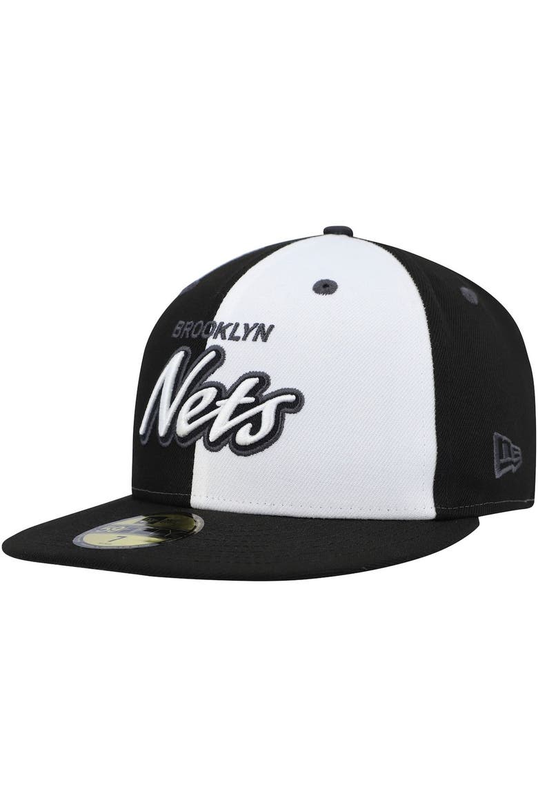 Men's New Era Black/White Brooklyn Nets Script Pinwheel 59FIFTY Fitted Hat, Main, color, Black