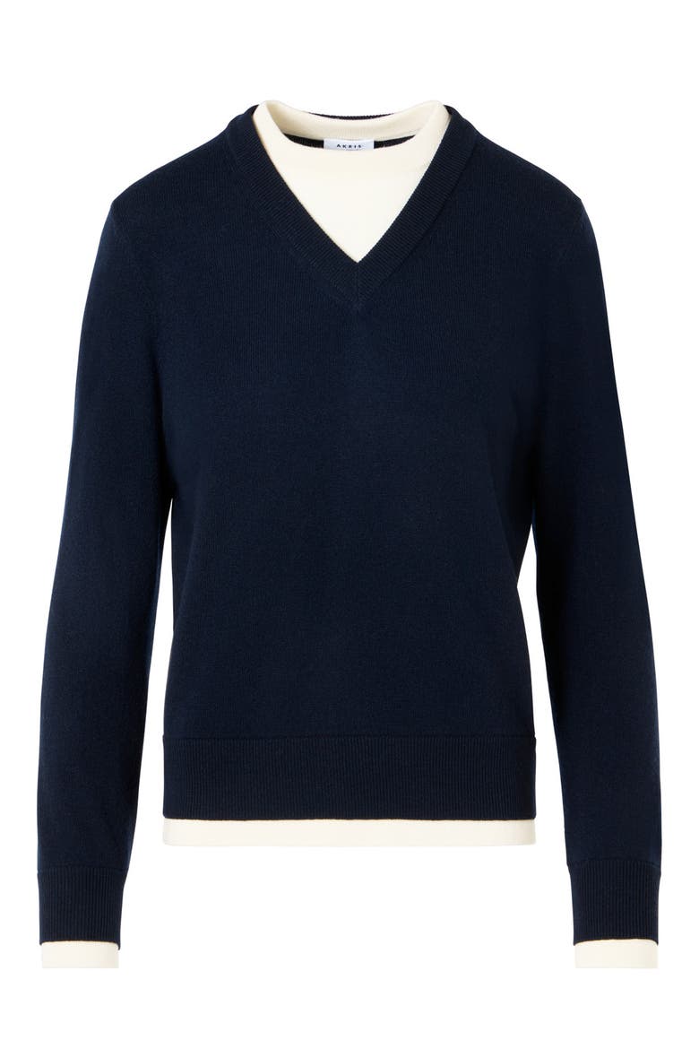 Layered Look Virgin Wool & Cashmere Sweater, Alternate, color, NAVY-CREAM