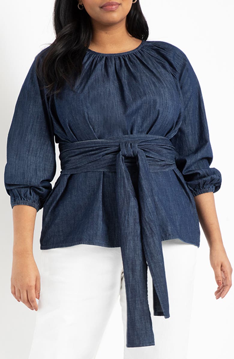 ELOQUII Chambray Tie Waist Top, Main, color, 