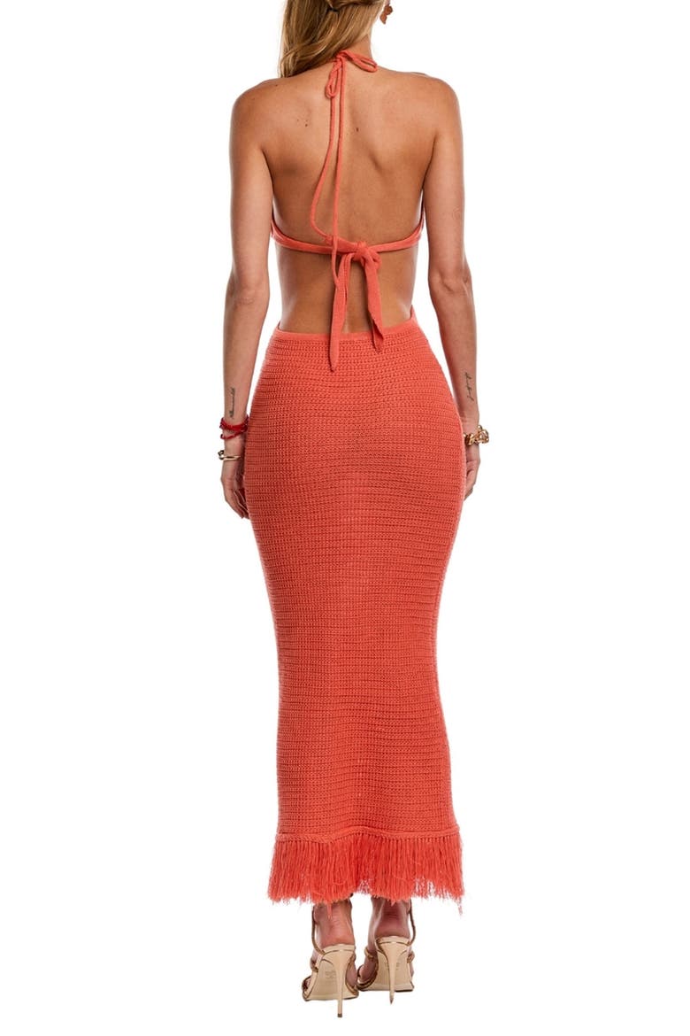Starla Halter Open Back Fringe Hem Cotton Blend Cover-Up Dress, Alternate, color, PEACH