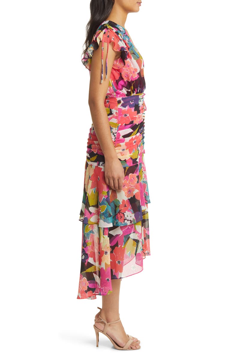 Tahari ASL Floral Side Ruched Chiffon Midi Dress, Alternate, color,