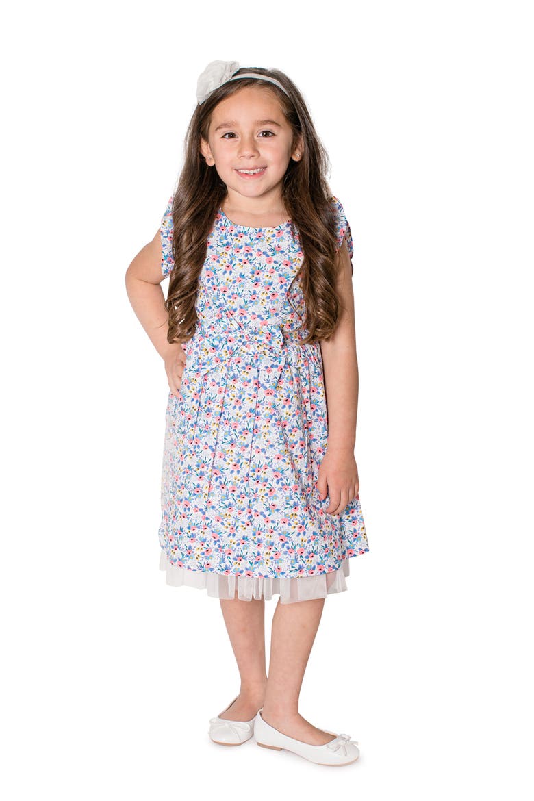 Kids' Floral Flutter Sleeve Bow Dress, Main, color, BLUE