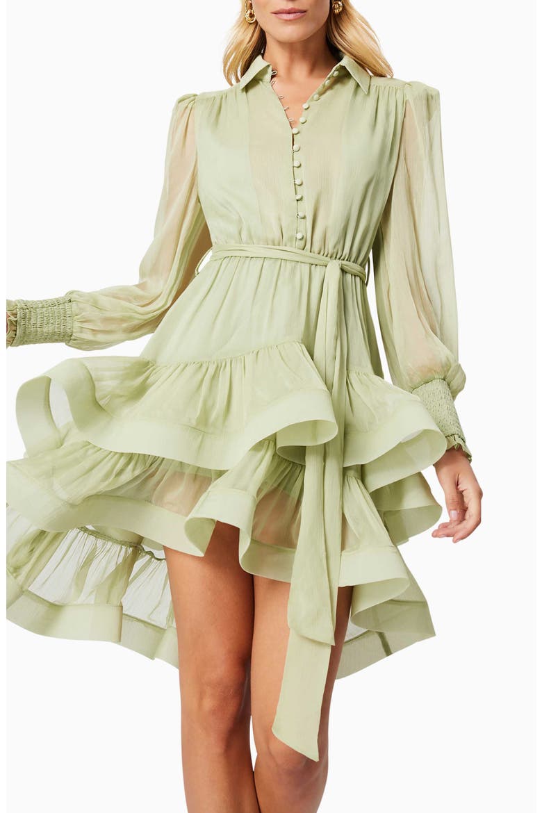 Poppy Long Sleeve Tiered Ruffle Shirtdress, Alternate, color, PISTACHIO
