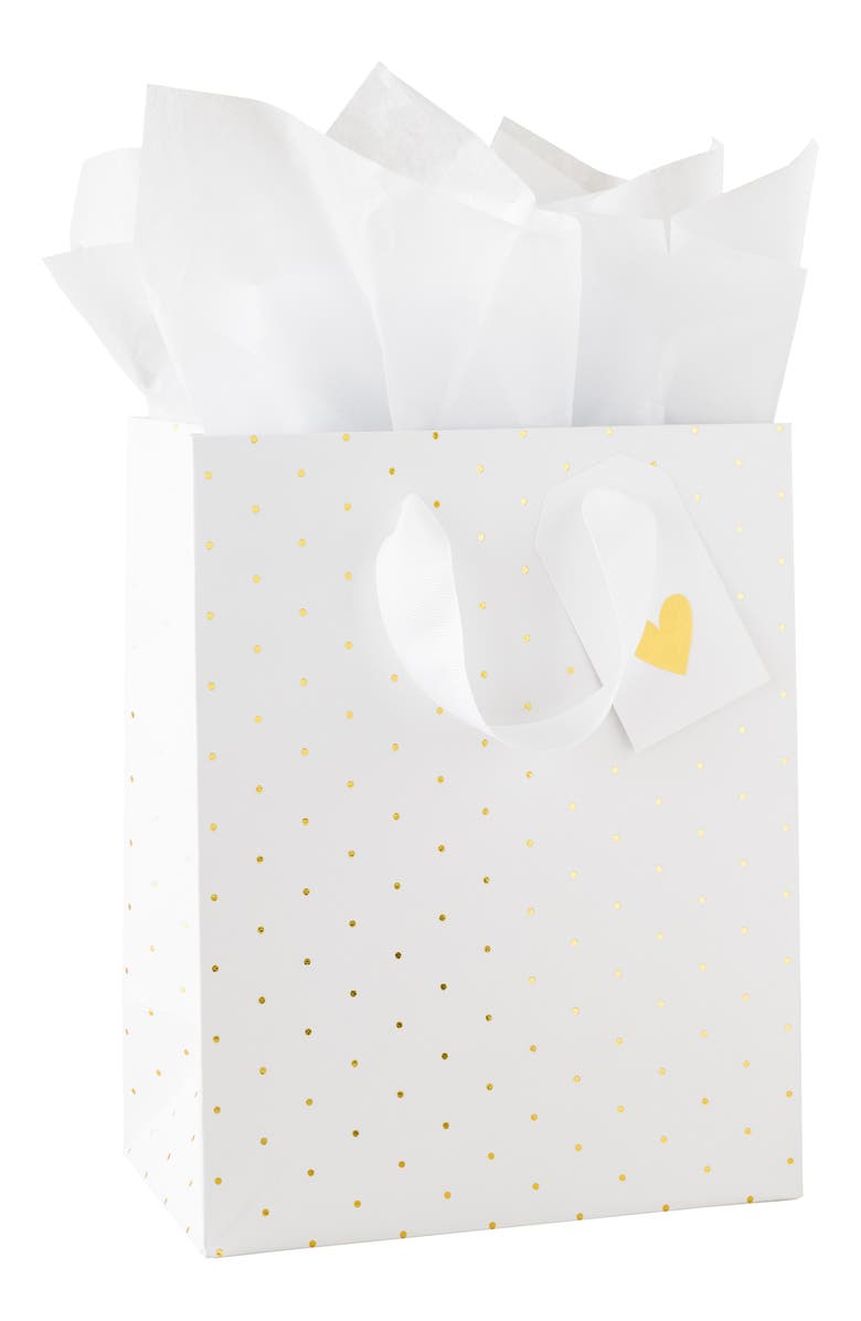 Sugar Paper Swiss Dot Gift Bag Set, Main, color, Gold Heart