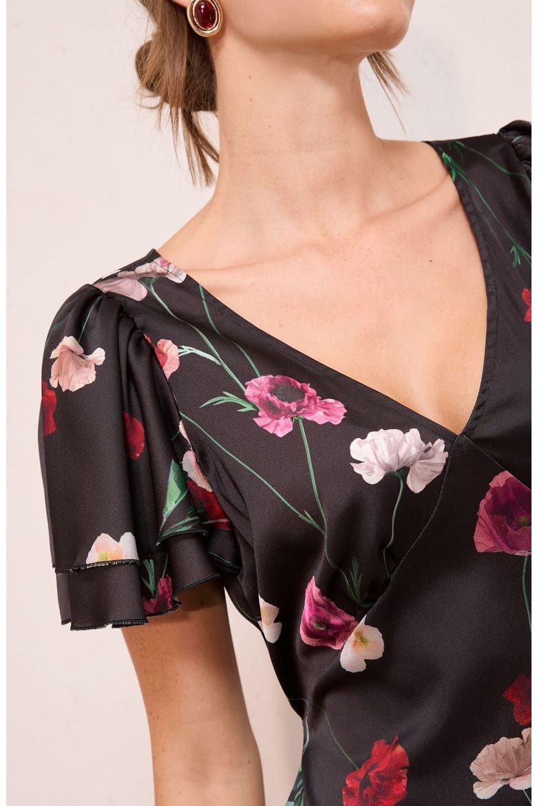 Floral Satin Midi Dress, Alternate, color, BLACK