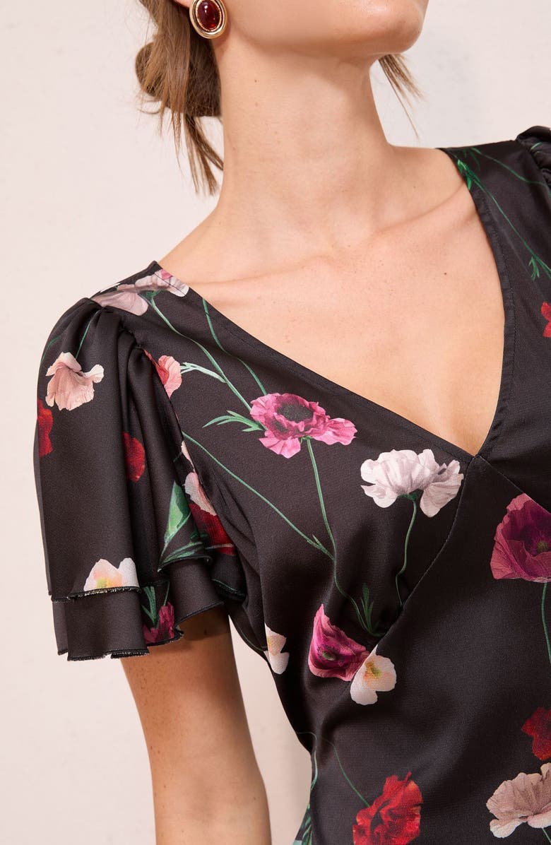 Friends Like These Floral Satin Midi Dress, Alternate, color, Black