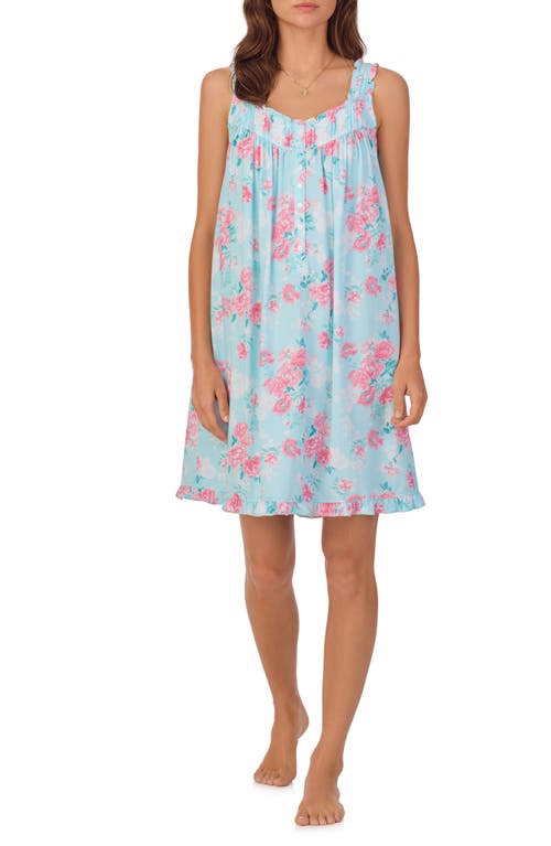 Eileen West Floral Sleeveless Short Jersey Chemise In Aqua Fl