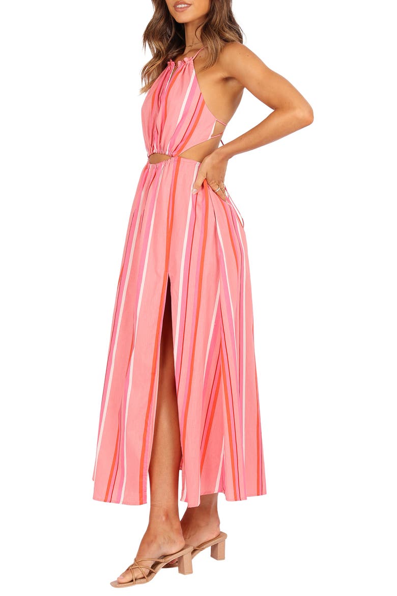 Madam Stripe Cutout Cotton Halter Dress, Alternate, color, PINK STRIPE