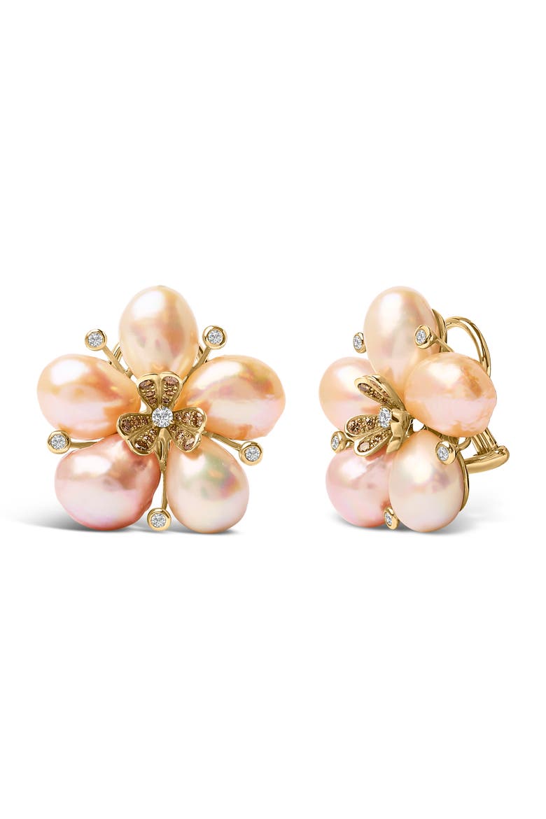18K Rose Gold 3/8 Cttw Diamond and Freshwater Pearl Blossom Stud Earrings, Alternate, color, Pink