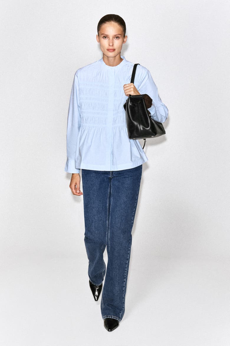 Ruched Cotton Blouse, Alternate, color, BLUE