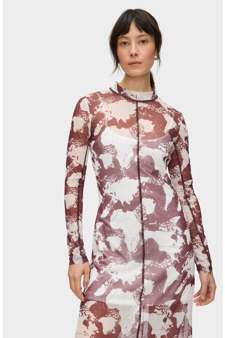 Starla Abstract Print Long Sleeve Mesh Dress, Alternate, color, OXBLOOD MIX