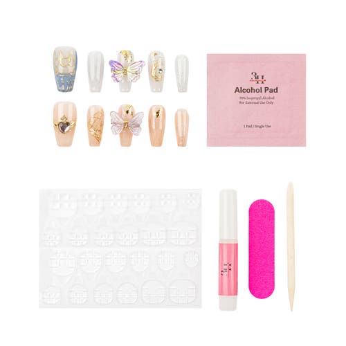 3h Nails 3h Luxury Handmade Press-on Nails, Peach & Lavender With 3d Butterfly Charms, Reusable Size