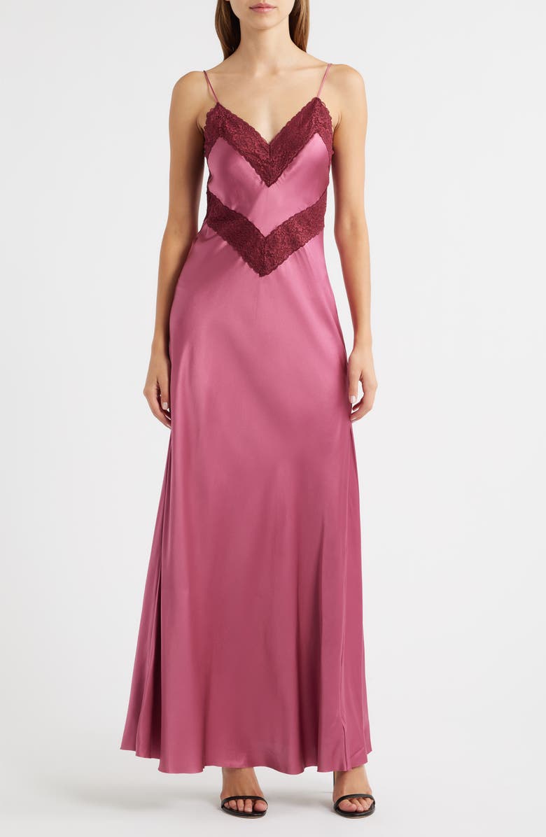 LoveShackFancy Serita Lace Silk Slipdress, Main, color, Deep Rose