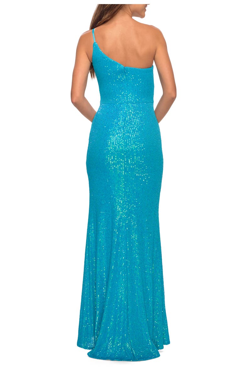 La Femme Bright Simple One Shoulder Long Sequin Evening Gown, Alternate, color, Aqua