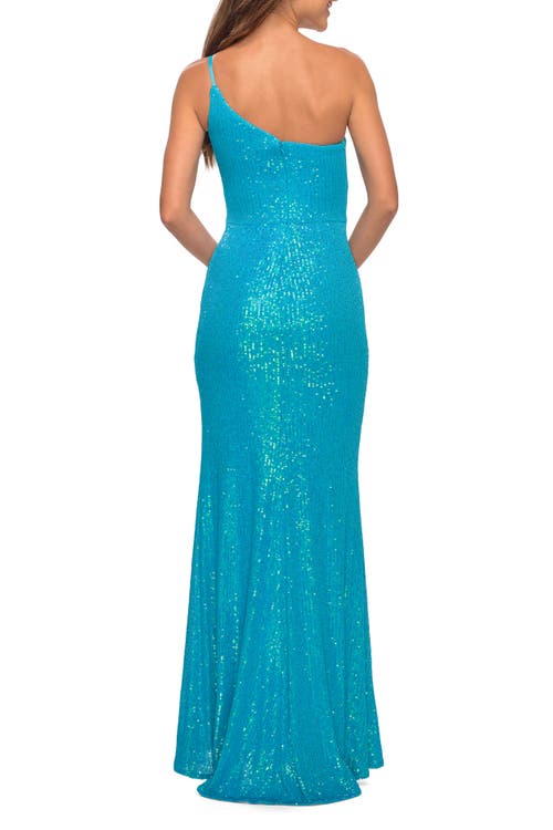 La Femme Bright Simple One Shoulder Long Sequin Evening Gown In Aqua