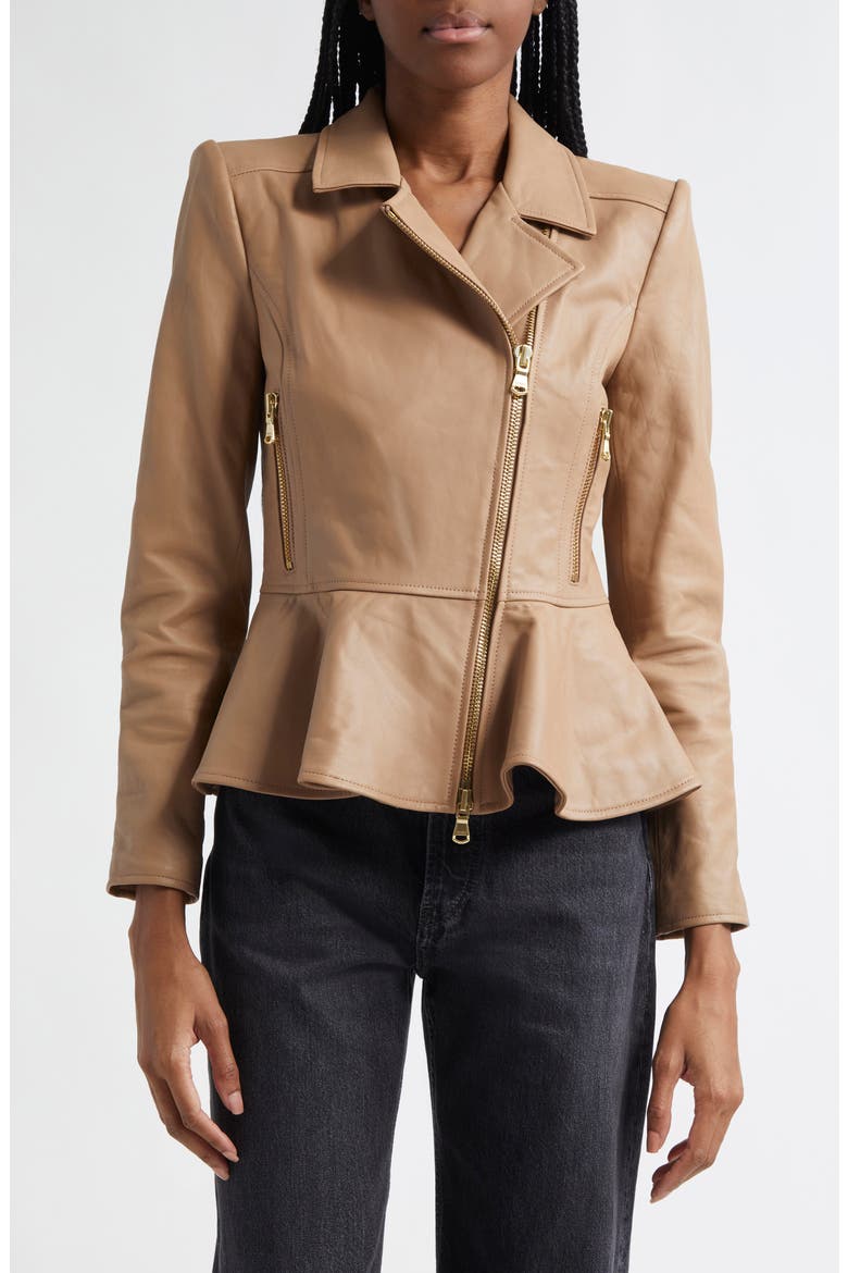 Lyric Peplum Leather Biker Jacket, Main, color, CAPPUCCINO