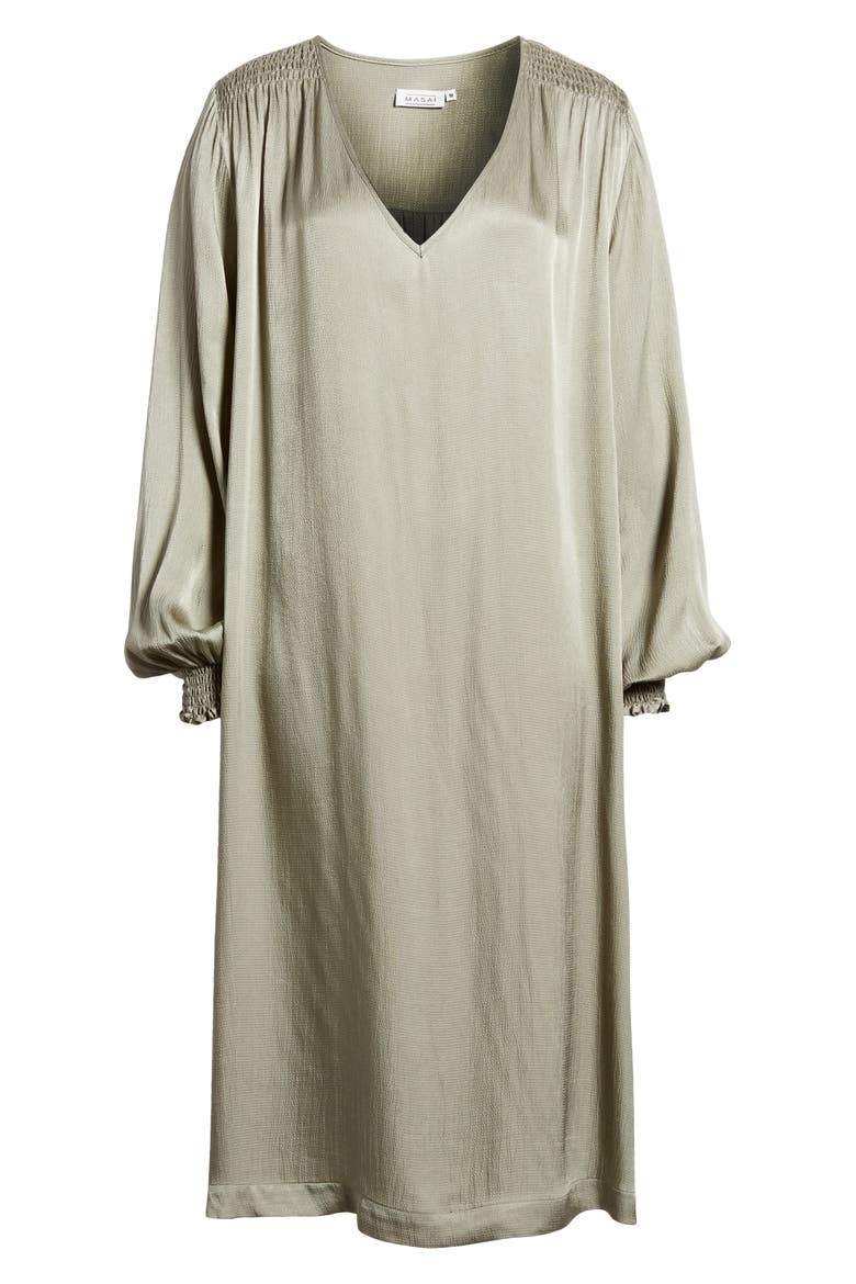 Nadiya Smocked Long Sleeve Satin Shift Dress, Alternate, color, VETIVER