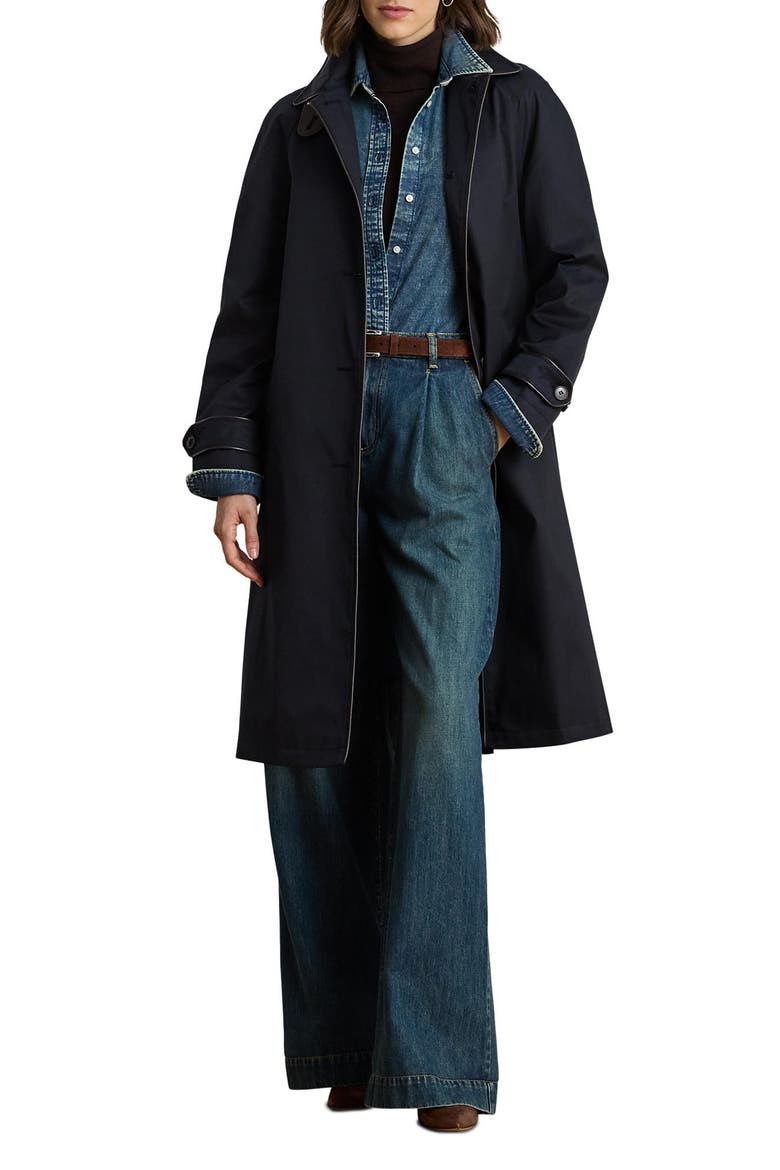 Balmacaan Single Breasted Raincoat with Faux Leather Trim, Main, color, DK NAVY