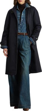 Lauren Ralph Lauren Balmacaan Single Breasted Raincoat with Faux Leather Trim