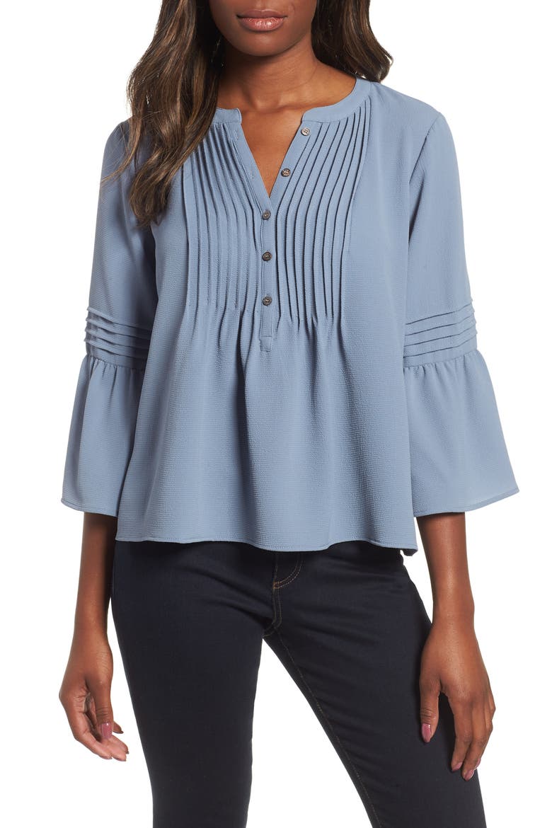 Ruffle Sleeve Pintuck Blouse, Main, color, BLUE CHINTZ