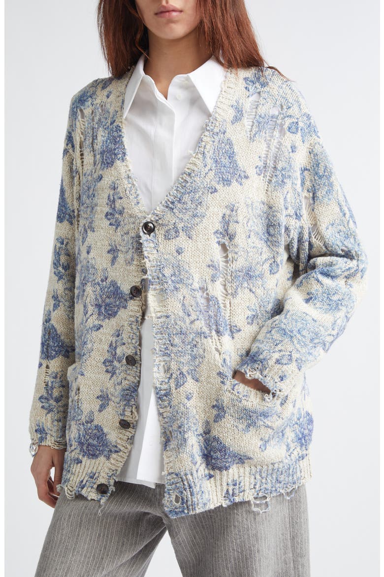 Distressed Oversize Floral Linen Blend Cardigan, Alternate, color, BLUE FLORAL
